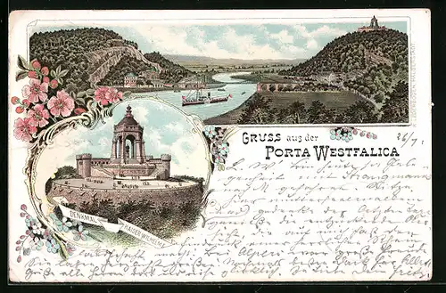 Lithographie Porta Westfalica, Ortsansicht aus der Vogelschau, Denkmal Kaiser Wilhelm I.