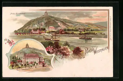 Lithographie Porta Westfalica, Ortsansicht mit Denkmal, Hotel Kaiserhof