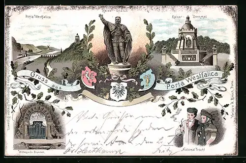 Lithographie Porta Westfalica, Ortsansicht, Kaiser-Statue, Kaiser-Denkmal, Wittekinds Brunnen und Tracht