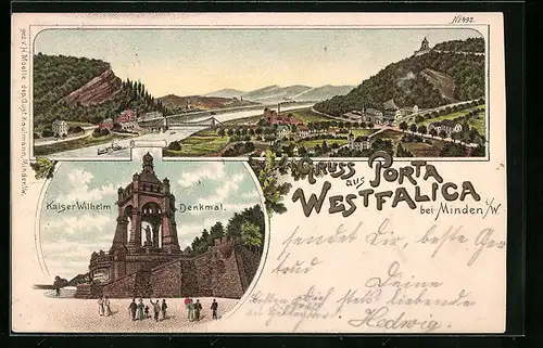 Lithographie Porta Westfalica, Gesamtansicht mit Bergblick aus der Vogelschau, Kaiser Wilhelm-Denkmal
