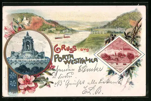 Lithographie Porta Westfalica, Denkmal, Ortsansicht mit Brücke und Umgebung