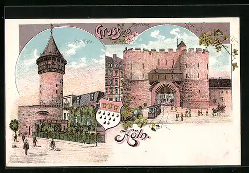 Lithographie Köln, Ulre-Pforte mit Strasse, Eigelstein-Thor mit Strasse und Strassenbahn