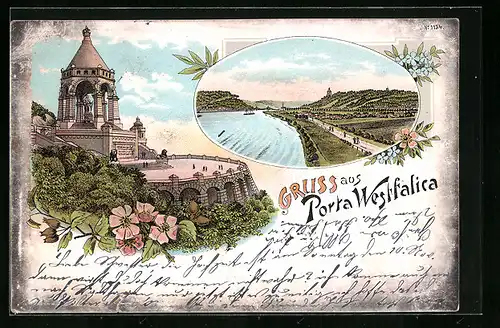 Lithographie Porta Westfalica, Ortsansicht mit Fernblick und Kaiserdenkmal
