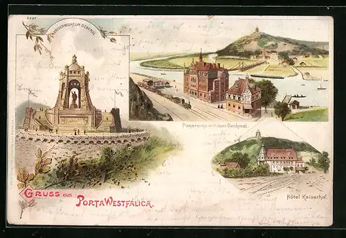 Lithographie Porta Westfalica, Panorama mit dem Denkmal, Hotel Kaiserhof