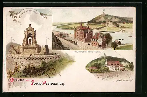 Lithographie Porta Westfalica, Kaiser Wilhelm-Denkmal, Panorama mit Denkmal, Hotel Kaiserhof