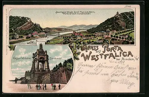 Lithographie Porta Westfalica, Gesamtansicht und Kaiser Wilhelm-Denkmal