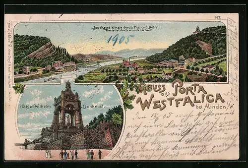 Lithographie Porta Westfalica, Gesamtansicht mit Fernblick und Kaiser Wilhelm-Denkmal mit Besuchern