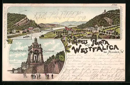 Lithographie Porta Westfalica, Gesamtansicht mit Gebirgspanorama und Kaiser Wilhelm-Denkmal