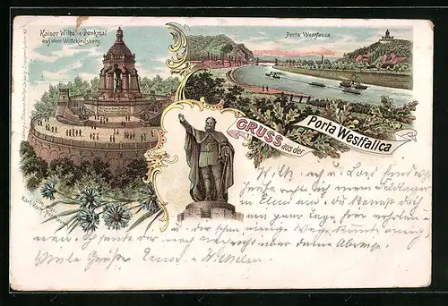 Lithographie Porta Westfalica, Gesamtansicht, Kaiser Wilhelm-Denkmal aus der Vogelschau