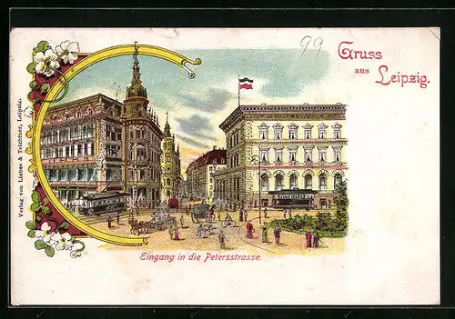 Lithographie Leipzig, Eingang in die Petersstrasse mit Strassenbahn