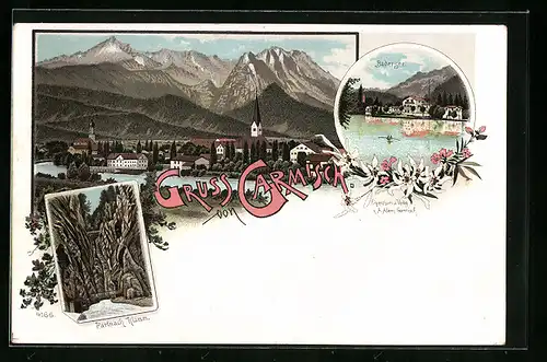 Lithographie Garmisch, Teilansicht, Badersee, Partnachklamm
