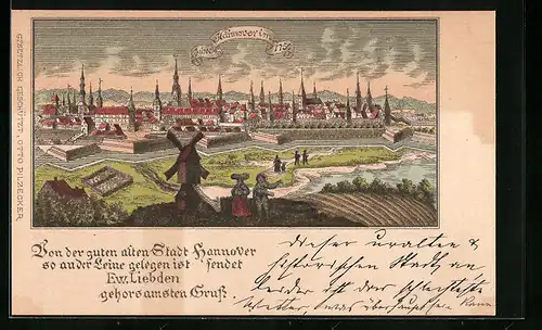 Lithographie Hannover, Teilansicht mit Windmühle im Jahre 1750