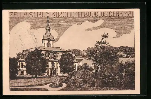 Künstler-AK Zella-Sankt Blasii, Kirche mit Buddeus-Denkmal