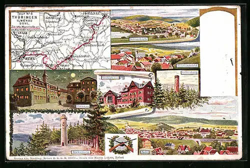 Künstler-AK Ilmenau /Thüringen, Tour Ilmenau-Suhl, Landkarte mit Manebach, Schmiedefeld und Schmücke, Stutenhaus