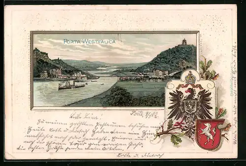 Passepartout-Lithographie Porta Westfalica, Totalansicht mit Kaiser-Wilhelm-Denkmal, Wappen