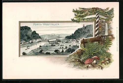 Passepartout-Lithographie Porta Westfalica, Gesamtansicht mit Kaiser-Wilhelm-Denkmal