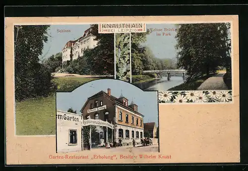 AK Knauthain b. Leipzig, Garten-Restaurant Erholung, Schloss und Weisse Brücke im Park