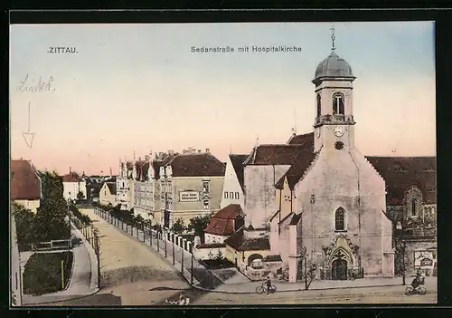AK Zittau, Sedanstrasse mit Hospitalkirche