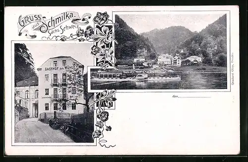 AK Schmilka /Sächs. Schweiz, Gasthof zur Mühle mit Elbdampfer