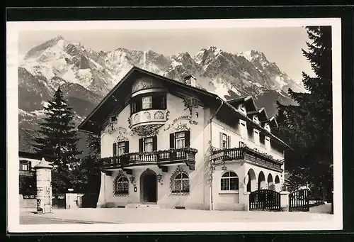 AK Garmisch, Hotel-Pension Ohlsenhof mit Litfasssäule