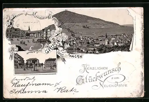 Lithographie Vacha, Totalansicht mit Marktplatz, Neujahrsgruss