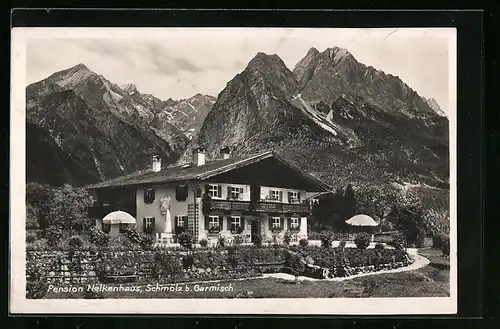 AK Schmölz b. Garmisch, Pension Nelkenhaus mit Bergpanorama
