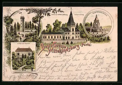 Vorläufer-Lithographie Wittekindsberg b. Porta, Hotel zur Wittekindsburg mit Aussichtsthurm 1895