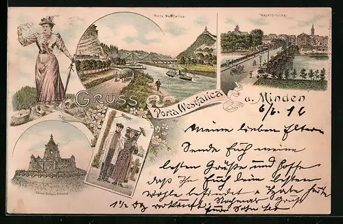 Lithographie Minden, Teilansicht mit Weserbrücke, Porta Westfalica, Kaiser Wilhelm Denkmal