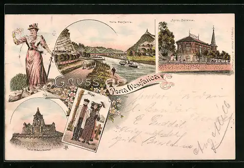Lithographie Porta Westfalica, Hotel Bellevue, Kaiser Wilhelm Denkmal