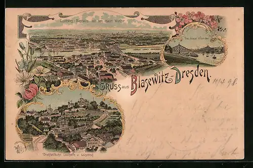 Lithographie Dresden-Blasewitz, das Blaue Wunder, Drahtseilbahn Loschwitz und Luisenhof