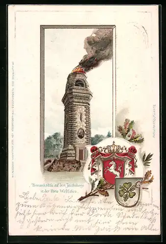 Passepartout-Lithographie Porta Westfalica, Bismarcksäule auf dem Jacobsberge, Wappen