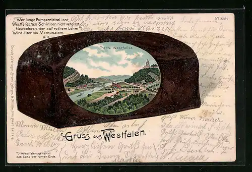 Passepartout-Lithographie Porta Westfalica, Ortsansicht auf westfälischem Pumpernickel