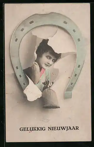 AK Dame mit Geldsäcken und Hufeisen zum Neujahr