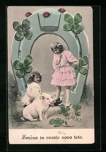 AK Kinder mit Hufeisen und Glücksschwein zum Neujahr