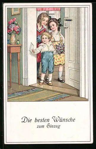 Künstler-AK Die besten Glückwunsche zum Einzug, Kinder im Haus mit Brief
