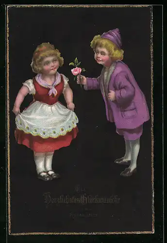 Künstler-AK Kinder beglückwünschen sich zum neuen Jahre