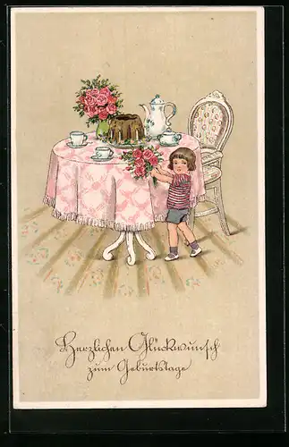 Künstler-AK Glückwünsche zum Geburtstag, Kind deckt den Tisch