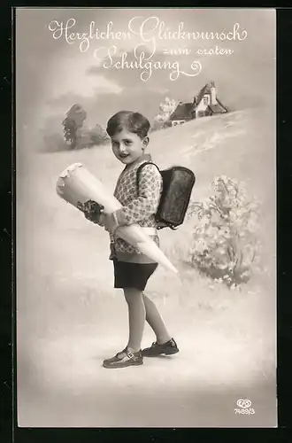 AK Glückwünsche zum ersten Schulgang, Junge mit Zuckertüte