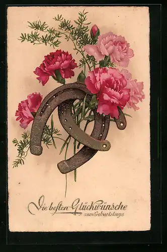 Künstler-AK Die besten Glückwünsche zum Geburtstag, Blumen mit Hufeisen
