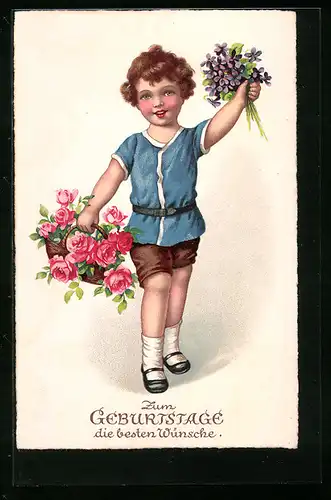 Künstler-AK Junge mit Blumen zum Geburtstag