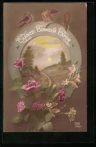 AK Hufeisen mit Blumen, Chance, Bonheur, Espoir