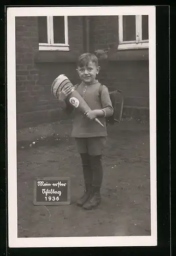 Foto-AK Junge mit Zuckertüte und Ranzen zum Schulanfang 1936