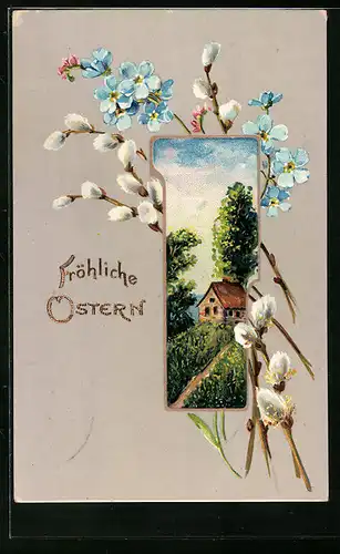Künstler-AK Fröhliche Ostern, Dorflandschaft mit Palmkätzchen und Vergissmeinnicht