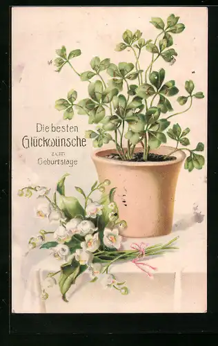 Präge-AK Glückwunsch zum Geburtstag, Topf mit Kleeblättern