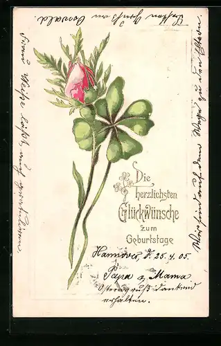 Präge-AK Glückwunsch zum Geburtstag, Kleeblatt mit Rosenknospe