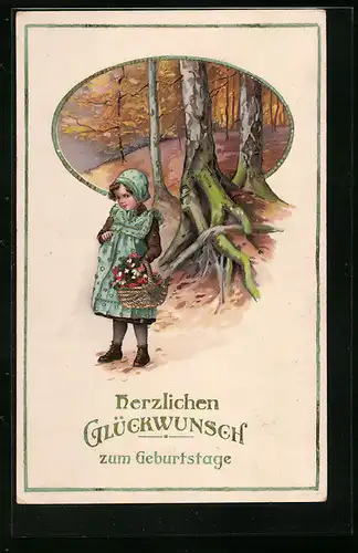 Künstler-AK Glückwunsch zum Geburtstag, Mädchen mit Blumenkorb im Wald
