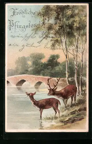 Lithographie Rehe am Ufer, Fröhliche Pfingsten