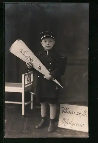 Foto-AK Junge mit Zuckertüte und Ranzen