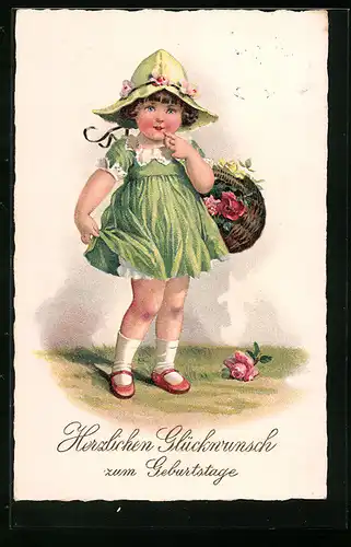 Künstler-AK Mädchen mit Blumenkorb zum Geburtstag