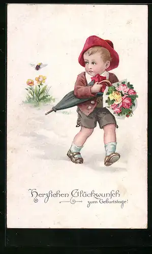 Künstler-AK Junge mit Schirm und Blumen zum Geburtstag